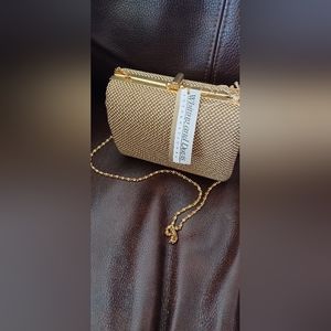 Whiting and Davis International goldtone box clutch with chain for crossbody NWT